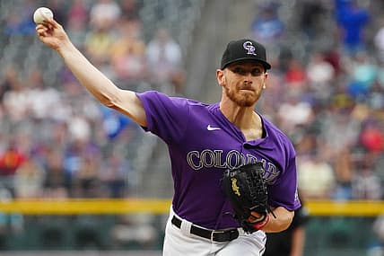 Jun 27, 2022; Denver, Colorado, USA; Colorado Rockies starting pitcher Chad Kuhl (41) delivers a pitch in the first inning against the Los Angeles Dodgers at Coors Field. Mandatory Credit: Ron Chenoy-USA TODAY Sports