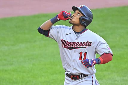 Jun 28, 2022; Cleveland, Ohio, USA; Minnesota Twins second baseman Jorge Polanco (11) celebrates his two-run home run in the third inning against the Cleveland Guardians at Progressive Field. Mandatory Credit: David Richard-USA TODAY Sports