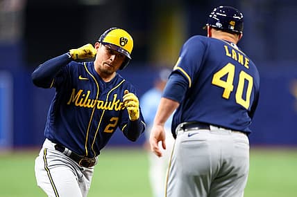 Jun 28, 2022; St. Petersburg, Florida, USA;  Milwaukee Brewers third baseman Luis Urias (2) runs the bases after hitting a two-run home run against the Tampa Bay Rays in the sixth inning at Tropicana Field. Mandatory Credit: Nathan Ray Seebeck-USA TODAY Sports