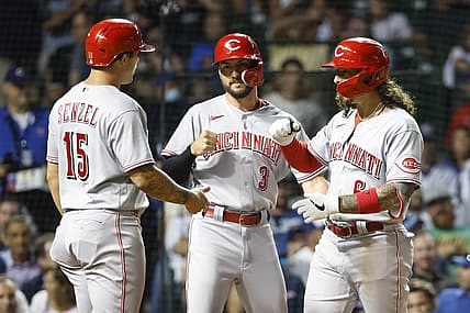 Jun 28, 2022; Chicago, Illinois, USA; Cincinnati Reds second baseman Jonathan India (6) celebrates with right fielder Albert Almora Jr. (3) and center fielder Nick Senzel (15) after hitting a three-run home run against the Chicago Cubs during the seventh inning at Wrigley Field. Mandatory Credit: Kamil Krzaczynski-USA TODAY Sports