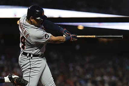 Jun 28, 2022; San Francisco, California, USA;  Detroit Tigers designated hitter Miguel Cabrera (24) hits a RBI single during the sixth inning against the San Francisco Giants at Oracle Park. Mandatory Credit: Stan Szeto-USA TODAY Sports