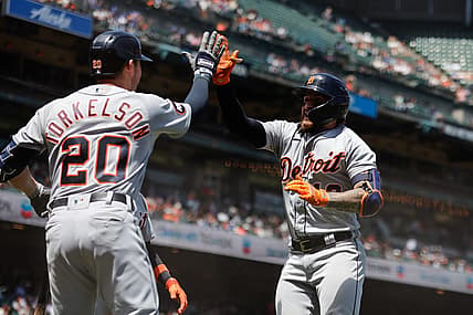 Jun 29, 2022; San Francisco, California, USA; Detroit Tigers catcher Eric Haase (13) is congratulated by first baseman Spencer Torkelson (20) after hitting a two run home run during the sixth inning against the San Francisco Giants at Oracle Park. Mandatory Credit: Sergio Estrada-USA TODAY Sports