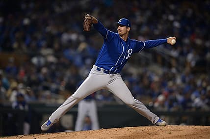 Mar 8, 2019; Phoenix, AZ, USA; Kansas City Royals relief pitcher Foster Griffin (60) works against a Los Angeles Dodgers batter during the fifth inning at Camelback Ranch. Mandatory Credit: Orlando Ramirez-USA TODAY Sports