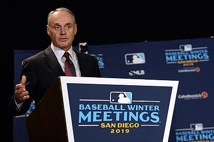 Dec 10, 2019; San Diego, CA, USA; MLB commissioner Rob Manfred speaks to the media before announcing the All-MLB team during the MLB Winter Meetings at Manchester Grand Hyatt. Mandatory Credit: Orlando Ramirez-USA TODAY Sport