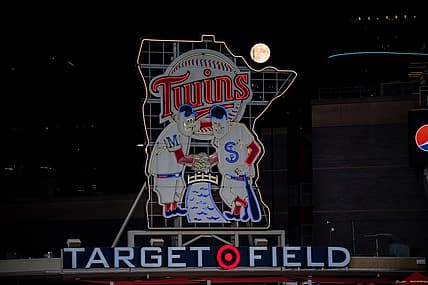 Sep 1, 2020; Minneapolis, Minnesota, USA; A full moon rises over the Minnesota Twins logo in a game between the Minnesota Twins and Chicago White Sox at Target Field. Mandatory Credit: Brad Rempel-USA TODAY Sports