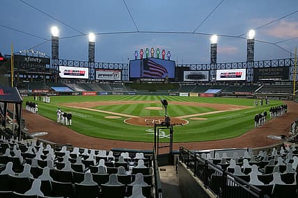 Sep 11, 2020; Chicago, Illinois, USA; A general shot of the field during a moment of silence to commemorate 9/11/2001 prior to a game between the Chicago White Sox and the Detroit Tigers at Guaranteed Rate Field. Mandatory Credit: Dennis Wierzbicki-USA TODAY Sports