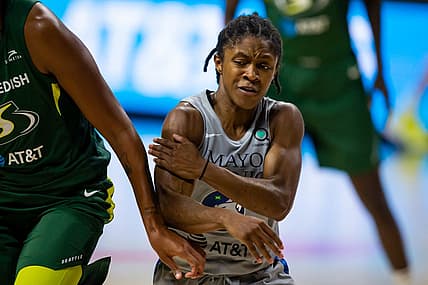 Sep 24, 2020; Bradenton, Florida, USA; Minnesota Lynx guard Crystal Dangerfield (2) pushes around a screen during Game 2 of the WNBA Semifinals against the Seattle Storm at Feld Entertainment. Mandatory Credit: Mary Holt-USA TODAY Sports