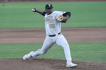 Jun 30, 2021; Omaha, Nebraska, USA;  Vanderbilt Commodores pitcher Kumar Rocker (80) pitches in the fourth inning against the Mississippi St. Bulldogs at TD Ameritrade Park. Mandatory Credit: Steven Branscombe-USA TODAY Sports