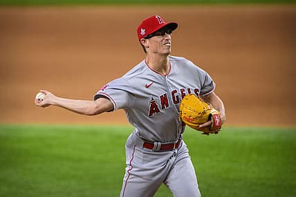 Sep 30, 2021; Arlington, Texas, USA; Los Angeles Angels relief pitcher Jimmy Herget (46) pitches against the Texas Rangers during the eighth inning at Globe Life Field. Mandatory Credit: Jerome Miron-USA TODAY Sports