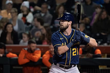 Mar 21, 2022; Scottsdale, Arizona, USA; Milwaukee Brewers outfielder David Dahl (21) bats in the third inning against the San Francisco Giants during spring training at Scottsdale Stadium. Mandatory Credit: Allan Henry-USA TODAY Sports
