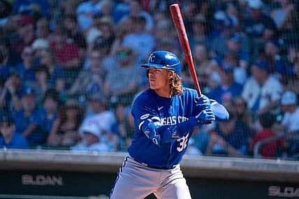 Mar 27, 2022; Mesa, Arizona, USA; Kansas City Royals infielder Nick Pratto (32) at bat in the third inning during a spring training game against the Chicago Cubs at Sloan Park. Mandatory Credit: Allan Henry-USA TODAY Sports