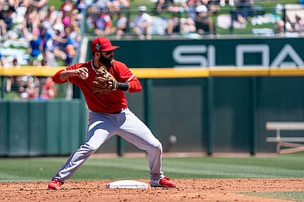 Apr 2, 2022; Mesa, Arizona, USA; Los Angeles Angels infielder Michael Stefanic (38) tags second base before throwing to first in the second inning against the Chicago Cubs during a spring training game at Sloan Park. Mandatory Credit: Allan Henry-USA TODAY Sports
