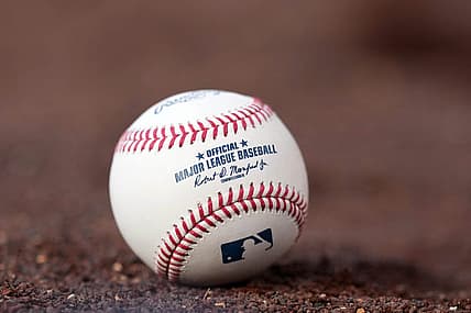 Apr 5, 2022; Los Angeles, California, USA; A detailed view of MLB official Rawlings baseball with signature of commissioner Rob Manfred at Dodger Stadium. Mandatory Credit: Kirby Lee-USA TODAY Sports
