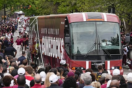 Apr 13, 2022; Columbia, SC, USA; The South Carolina Gamecocks women s basketball bus during the championship parade. Mandatory Credit: Jim Dedmon-USA TODAY Sports