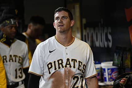 Apr 14, 2022; Pittsburgh, Pennsylvania, USA;  Pittsburgh Pirates player Kevin Newman (27) watches a replay against the Washington Nationals at PNC Park. Mandatory Credit: Philip G. Pavely-USA TODAY Sports