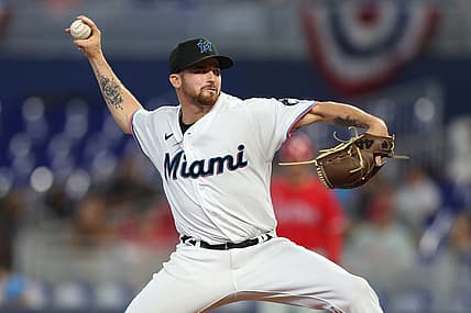 Apr 17, 2022; Miami, Florida, USA;  Miami Marlins relief pitcher Louis Head (38) throws a pitch against the Philadelphia Phillies in the ninth inning at loanDepot Park. Mandatory Credit: Nathan Ray Seebeck-USA TODAY Sports