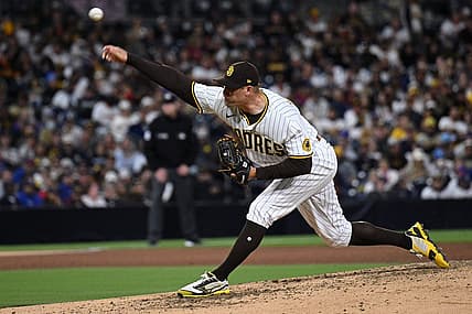 May 9, 2022; San Diego, California, USA; San Diego Padres relief pitcher Craig Stammen (34) throws a pitch against the Chicago Cubs during the sixth inning at Petco Park. Mandatory Credit: Orlando Ramirez-USA TODAY Sports
