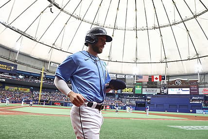May 15, 2022; St. Petersburg, Florida, USA;  Tampa Bay Rays second baseman Brandon Lowe (8) scores a run during the sixth inning against the Toronto Blue Jays at Tropicana Field. Mandatory Credit: Kim Klement-USA TODAY Sports