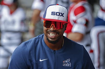May 15, 2022; Chicago, Illinois, USA; Injured Chicago White Sox left fielder Eloy Jimenez smiles before a baseball game against the New York Yankees at Guaranteed Rate Field. Mandatory Credit: Kamil Krzaczynski-USA TODAY Sports