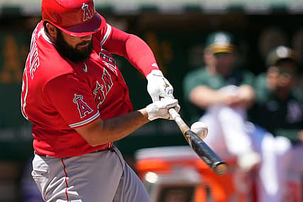 May 14, 2022; Oakland, California, USA; Los Angeles Angels catcher Austin Romine (19) bats against the Oakland Athletics during the fourth inning at RingCentral Coliseum. Mandatory Credit: Darren Yamashita-USA TODAY Sports