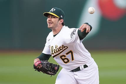May 16, 2022; Oakland, California, USA; Oakland Athletics starting pitcher Zach Logue (67) throws a pitch during the first inning against the Minnesota Twins at RingCentral Coliseum. Mandatory Credit: Darren Yamashita-USA TODAY Sports
