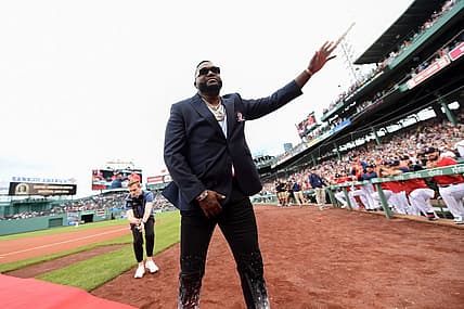 May 27, 2022; Boston, Massachusetts, USA; Former Boston Red Sox player David Ortiz is introduced prior to a ceremony for his induction into the Red Sox Hall of Fame at Fenway Park. Mandatory Credit: Bob DeChiara-USA TODAY Sports
