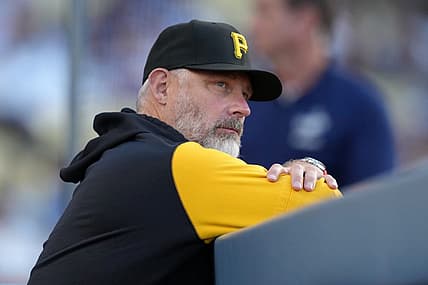 May 31, 2022; Los Angeles, California, USA; Pittsburgh Pirates manager Derek Shelton (17) watches from the dugout during the game against the Los Angeles Dodgers at Dodger Stadium. Mandatory Credit: Kirby Lee-USA TODAY Sports