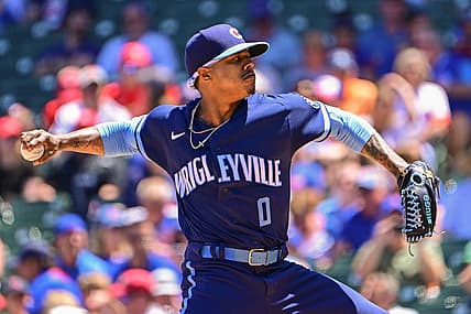 Jun 3, 2022; Chicago, Illinois, USA; Chicago Cubs starting pitcher Marcus Stroman (0) delivers the baseball in the first inning against the St. Louis Cardinals at Wrigley Field. Mandatory Credit: Quinn Harris-USA TODAY Sports