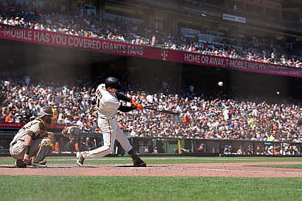 May 22, 2022; San Francisco, California, USA; San Francisco Giants first baseman Wilmer Flores (41) bats during the seventh inning against the San Diego Padres at Oracle Park. Mandatory Credit: Darren Yamashita-USA TODAY Sports