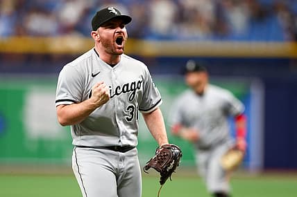 Jun 5, 2022; St. Petersburg, Florida, USA;  Chicago White Sox relief pitcher Liam Hendriks (31) reacts after beating the Tampa Bay Rays at Tropicana Field. Mandatory Credit: Nathan Ray Seebeck-USA TODAY Sports