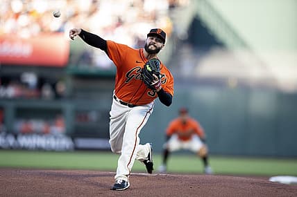 Jun 10, 2022; San Francisco, California, USA; San Francisco Giants starting pitcher Jakob Junis (34) delivers a pitch against the Los Angeles Dodgers during the first inning at Oracle Park. Mandatory Credit: D. Ross Cameron-USA TODAY Sports