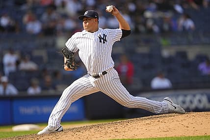 Jun 12, 2022; Bronx, New York, USA; New York Yankees pitcher Manny Banuelos (68) delivers a pitch against the Chicago Cubs during the ninth inning at Yankee Stadium. Mandatory Credit: Gregory Fisher-USA TODAY Sports
