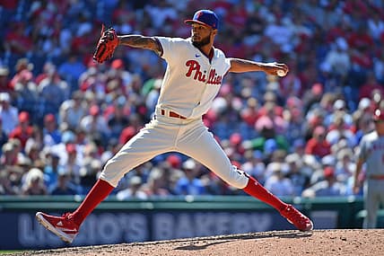 Jun 5, 2022; Philadelphia, Pennsylvania, USA; Philadelphia Phillies relief pitcher Cristopher Sanchez (61) throws a pitch against the Los Angeles Angels during the sixth inning at Citizens Bank Park. Mandatory Credit: Eric Hartline-USA TODAY Sports