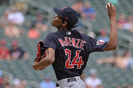 May 15, 2022; Minneapolis, Minnesota, USA; Cleveland Guardians starting pitcher Triston McKenzie (24) in action against the Minnesota Twins at Target Field. Mandatory Credit: Jeffrey Becker-USA TODAY Sports