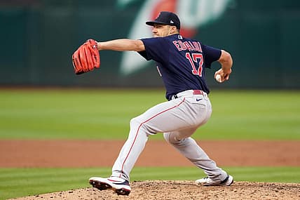 Jun 3, 2022; Oakland, California, USA; Boston Red Sox starting pitcher Nathan Eovaldi (17) throws a pitch against the Oakland Athletics during the third inning at RingCentral Coliseum. Mandatory Credit: Darren Yamashita-USA TODAY Sports
