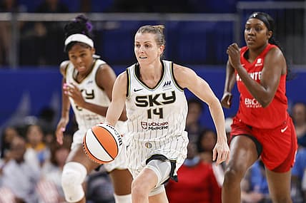 Jun 17, 2022; Chicago, Illinois, USA; Chicago Sky guard Allie Quigley (14) brings the ball up court against the Atlanta Dream during the second half of a WNBA game at Wintrust Arena. Mandatory Credit: Kamil Krzaczynski-USA TODAY Sports
