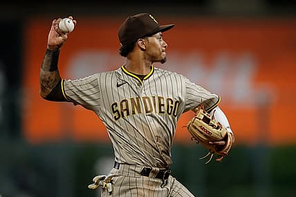 Jun 17, 2022; Denver, Colorado, USA; San Diego Padres third baseman Sergio Alcantara (41) makes a throw to first for an out in the seventh inning against the Colorado Rockies at Coors Field. Mandatory Credit: Isaiah J. Downing-USA TODAY Sports