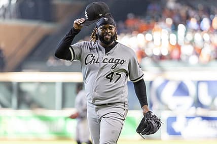Jun 18, 2022; Houston, Texas, USA; Chicago White Sox starting pitcher Johnny Cueto (47) at the end of the seventh inning against the Houston Astros at Minute Maid Park. Mandatory Credit: Thomas Shea-USA TODAY Sports
