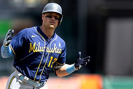Milwaukee Brewers right fielder Hunter Renfroe (12) celebrates after hitting a 2-run home run in the seventh inning of the MLB game between the Cincinnati Reds and the Milwaukee Brewers in Cincinnati at Great American Ball Park on Sunday, June 19, 2022.

Milwaukee Brewers At Cincinnati Reds 41