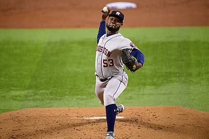 Jun 13, 2022; Arlington, Texas, USA; Houston Astros starting pitcher Cristian Javier (53) in action during the game between the Texas Rangers and the Houston Astros at Globe Life Field. Mandatory Credit: Jerome Miron-USA TODAY Sports
