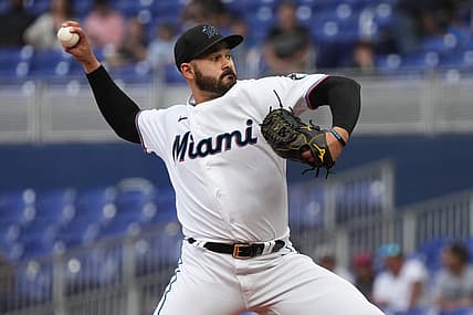 Jun 22, 2022; Miami, Florida, USA; Miami Marlins starting pitcher Pablo Lopez (49) delivers a pitch in the first half inning against the Colorado Rockies at loanDepot park. Mandatory Credit: Jasen Vinlove-USA TODAY Sports