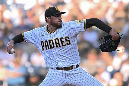 Jun 23, 2022; San Diego, California, USA; San Diego Padres starting pitcher Joe Musgrove (44) throws a pitch against the Philadelphia Phillies during the first inning at Petco Park. Mandatory Credit: Orlando Ramirez-USA TODAY Sports