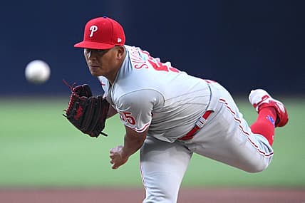 Jun 23, 2022; San Diego, California, USA; Philadelphia Phillies starting pitcher Ranger Suarez (55) throws a pitch against the San Diego Padres during the first inning at Petco Park. Mandatory Credit: Orlando Ramirez-USA TODAY Sports