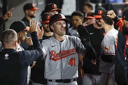 Jun 23, 2022; Chicago, Illinois, USA; Baltimore Orioles third baseman Tyler Nevin (41) celebrates after scoring against the Chicago White Sox during the ninth inning at Guaranteed Rate Field. Mandatory Credit: Kamil Krzaczynski-USA TODAY Sports