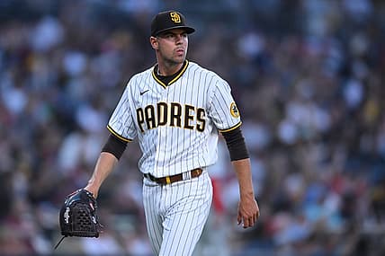 Jun 24, 2022; San Diego, California, USA; San Diego Padres starting pitcher MacKenzie Gore (1) looks on during the third inning against the Philadelphia Phillies at Petco Park. Mandatory Credit: Orlando Ramirez-USA TODAY Sports