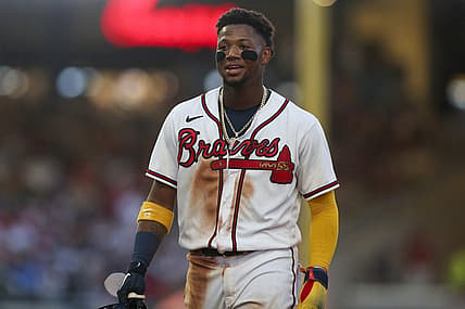 Jun 25, 2022; Atlanta, Georgia, USA; Atlanta Braves right fielder Ronald Acuna Jr. (13) reacts during the fifth inning against the Los Angeles Dodgers at Truist Park. Mandatory Credit: Brett Davis-USA TODAY Sports
