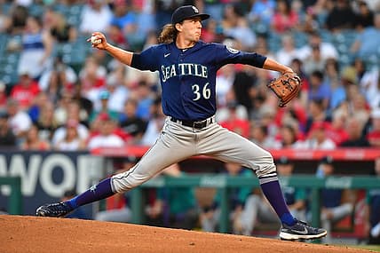 June 25, 2022; Anaheim, California, USA; Seattle Mariners starting pitcher Logan Gilbert (36) throws against the Los Angeles Angels during the first inning at Angel Stadium. Mandatory Credit: Gary A. Vasquez-USA TODAY Sports