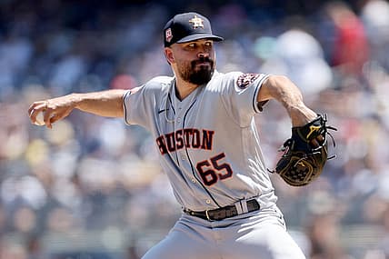 Jun 26, 2022; Bronx, New York, USA; Houston Astros starting pitcher Jose Urquidy (65) pitches against the New York Yankees during the first inning at Yankee Stadium. Mandatory Credit: Brad Penner-USA TODAY Sports