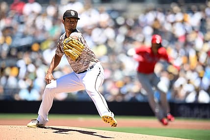Jun 26, 2022; San Diego, California, USA; San Diego Padres starting pitcher Yu Darvish (11) throws a pitch against the Philadelphia Phillies at Petco Park. Mandatory Credit: Orlando Ramirez-USA TODAY Sports