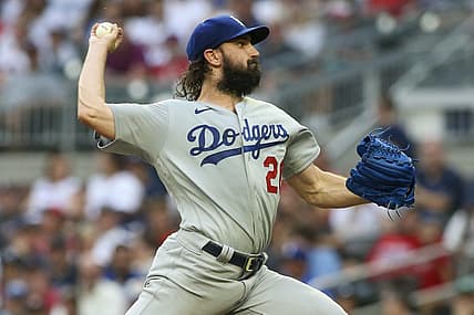 Jun 26, 2022; Atlanta, Georgia, USA; Los Angeles Dodgers starting pitcher Tony Gonsolin (26) throws against the Atlanta Braves in the first inning at Truist Park. Mandatory Credit: Brett Davis-USA TODAY Sports